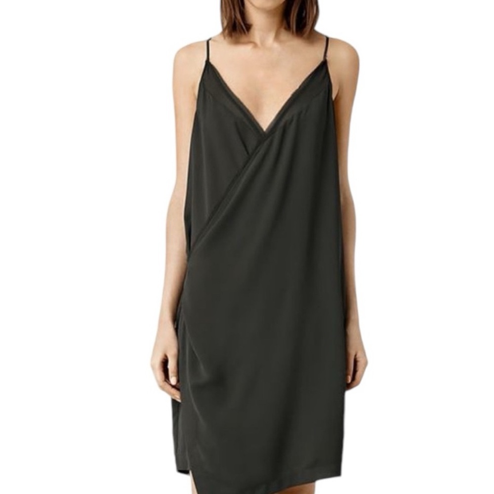 All Saints Dark Olive Slip Dress with deep V-Neckline